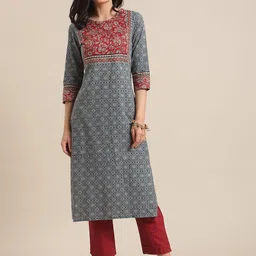 Varanga Women Blue & Black Geometric Printed Pure Cotton Kurta-picture-11