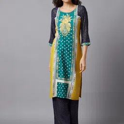 AURELIA Women Green & Yellow Ethnic Motifs Printed Thread Work Kurta-picture-4