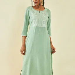 Soch Ethnic Motifs Yoke Design Notched Neck Thread Work Straight Kurta-30