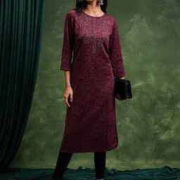 Vishudh Maroon Abstract Printed Mukaish Straight Kurta-picture-4