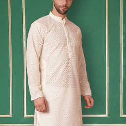 Jompers Geometric Woven Design Mandarin Collar Straight Chikankari Cotton Kurta-picture-39