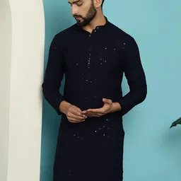SOJANYA Ethnic Motifs Embroidered Sequinned Long Sleeves Straight Pure Cotton Kurta-image-64