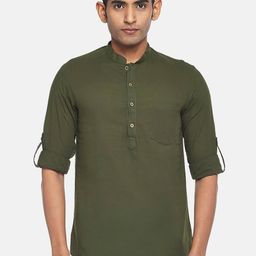 indus route by Pantaloons Men Olive Green Solid Mandarin Collar Cotton Kurta-image-72