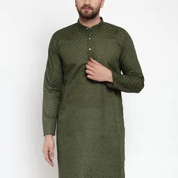 Jompers Men Olive Green Thread Work Kurta-image-43
