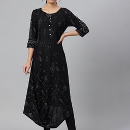 W Women Black Geometric Printed Mirror Work Kurta-50
