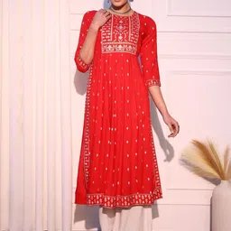 KALINI Ethnic Motifs Printed Mirror Work A-Line Kurta-12