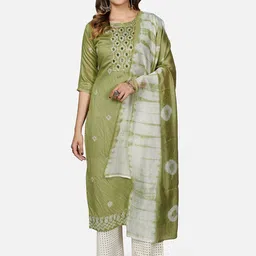 Vbuyz Women Green Bandhani Dyed Thread Work Chanderi Silk Kurta With Dupatta-picture-12