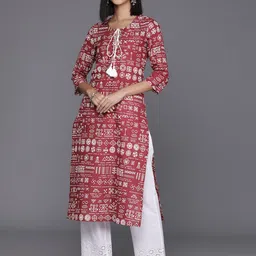 KALINI Geometric Printed Tie-Up Neck Kurta-image-2