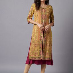 AURELIA Women Mustard Yellow & Burgundy Ethnic Motifs Printed Kurta-picture-51