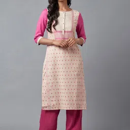 W Women Pink Geometric Printed Keyhole Neck Kurta-picture-8