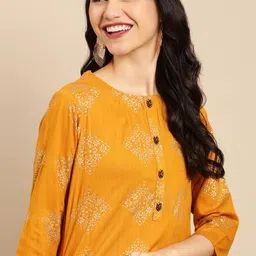 SHOWOFF Women Mustard Yellow Ethnic Motifs Printed Mirror Work Kurta-picture-31