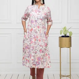 Myshka Mandarin Collar Floral Printed Pure Cotton A-Line Kurta-image-1