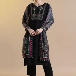 STYLEBAAZI Ethnic Motifs Embroidered Notch Neck Straight Kurta With Trousers & Dupatta-54