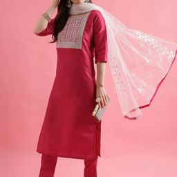 VredeVogel Women Ethnic Motifs Yoke Design Regular Thread Work Kurta with Trousers & With Dupatta-image-75