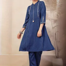 Nayam By Lakshita Floral Embroidered Thread Work A-Line Kurta With Trousers-image-3