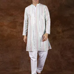 Exotic India Striped Embroidered Georgette Mirror Work Straight Kurta With Pyjama-image-1