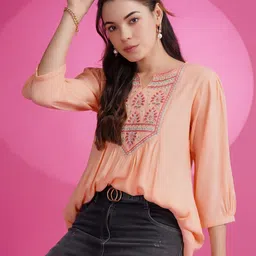 KALINI Floral Embroidered Thread Work A-Line Kurti-17
