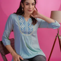 KALINI Geometric Embroidered Mirror Work A-Line Kurti-picture-6