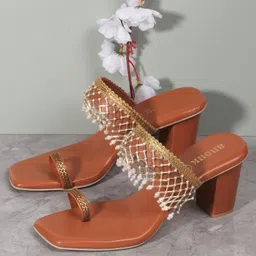 Anouk Tan Brown Embellished Open Toe Block Heels-48