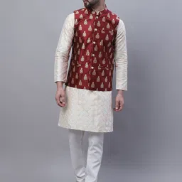 SOJANYA Embroidered Mandarin Collar Kurta with Pyjamas & Nahru Jacket image 1