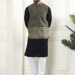 SOJANYA Checked Embroidered Thread Work Pure Cotton Kurta With Churidar & Nehru Jacket-58