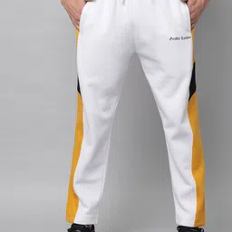 GRIFFEL Men White & Yellow Solid With Side Stripes Cotton Track Pants-image-37