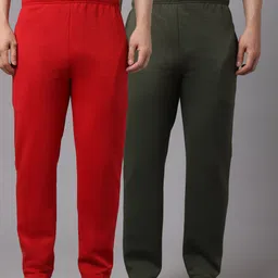 mack jonney VIMAL JONNEY Men Pack Of 2 Solid Red & Olive Green Pure-Cotton Track Pants-picture-9