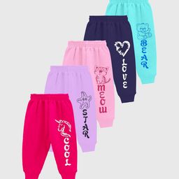 KUCHIPOO Kids Pack of 5 Cartoon Characters Printed Cotton Mid-Rise Joggers-16