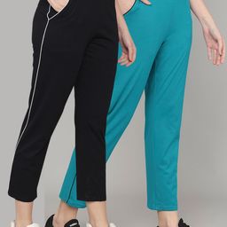 Q-rious Women Pack Of 2 Blue & Black Solid Cotton Track Pants-image-8