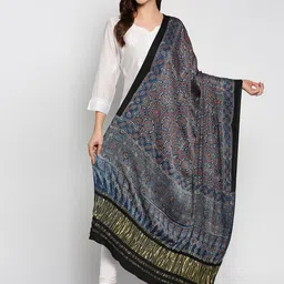 Dupatta Bazaar Blue & White Ethnic Motifs Printed Pure Silk Block Print Dupatta with Zari-50