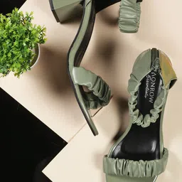 Monrow Olive Green Textured Block Sandal Heels-17
