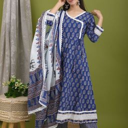 R RANAK CREATION Floral Angrakha Thread Work Pure Cotton Kurta with Palazzos & Dupatta-image-2