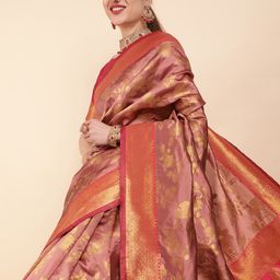 Sangria Mauve & Gold-Toned Woven Design Zari Pure Silk Saree-image-5