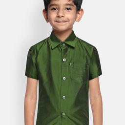THANGAMAGAN Boys Green Regular Fit Solid Ethnic Silk Shirt-50