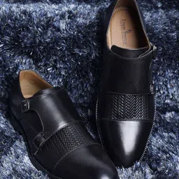 LOUIS STITCH Men Black Textured Formal Monk Shoes-image-31