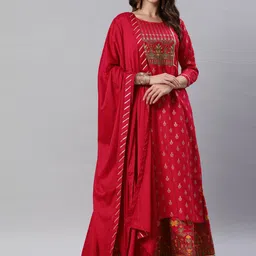 SheWill Women Red Floral Embroidered Kurta with Skirt &Dupatta-38