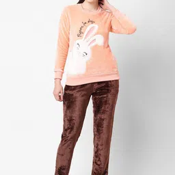 Sweet Dreams Peach-Coloured Graphic Printed Velvet Night suits-image-2