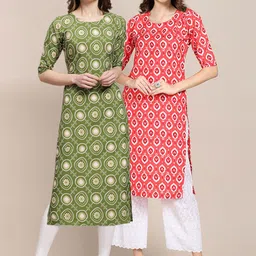 KALINI Pack Of 2 Women Green & Coral Ethnic Motifs Printed Summer Sheers Crepe Kurta-picture-24