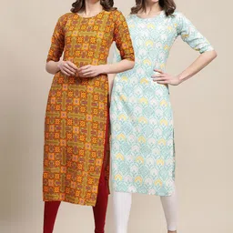 KALINI Women Pack of 2 Blue & Yellow Ethnic Motifs Printed Crepe Kurta-image-70