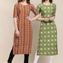 KALINI PACK OF 2 Women Brown & Green Ethnic Motifs Printed Summer Sheers Crepe Kurta-image-49