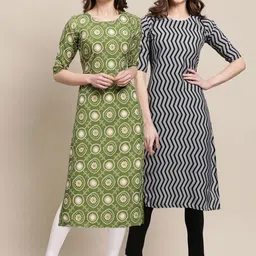 KALINI Women's Crepe Green & Grey Color Ethnic Motif Printed Straight Kurta (PACK OF 2)-5
