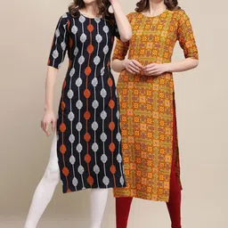 KALINI Crepe Black & Mustard Color Ethnic Motif Printed Straight Kurta Pack OF 2-7