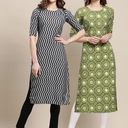 KALINI Women's Crepe Green & Grey Color Ethnic Motifs Printed Straight Kurta (PACK OF 2)-6