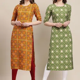 KALINI Women Green & Mustard Yellow Pack Of 2 Ethnic Motifs Printed Crepe Kurta-picture-18