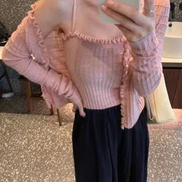 StyleCast Pink Girls Ribbed Shawl Collar Long Sleeves Front-Open Sweater-image-7
