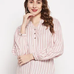 Ruhaans uffed Sleeves Curved Hem Mandarin Collar Striped Top-picture-13
