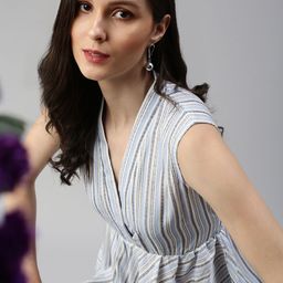 SHOWOFF Blue Vertical Striped Peplum V-Neck Top-image-45