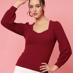 plusS Maroon Cuffed Sleeves Fitted Top-picture-31