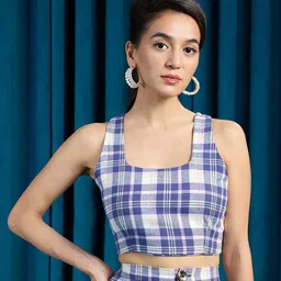 Virgio Checked Square Neck Sleeveless Cotton Styled Back Top-image-20