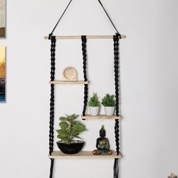 Decazone Black & Beige Wood Macrame Wall Hanging Shelf-52